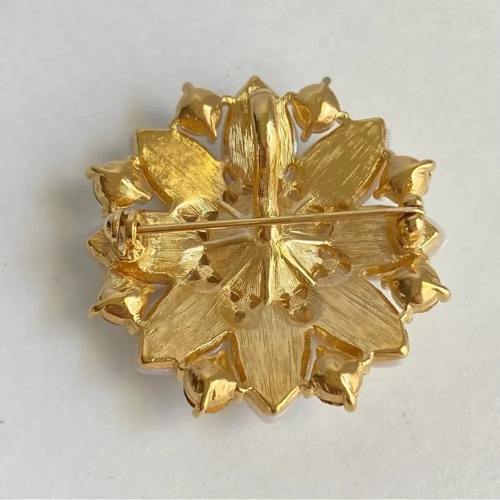 Vintage 60s Rhinestone Pearl Brooch Pendant Necklace‎ Gold Tone Flower Sunburst